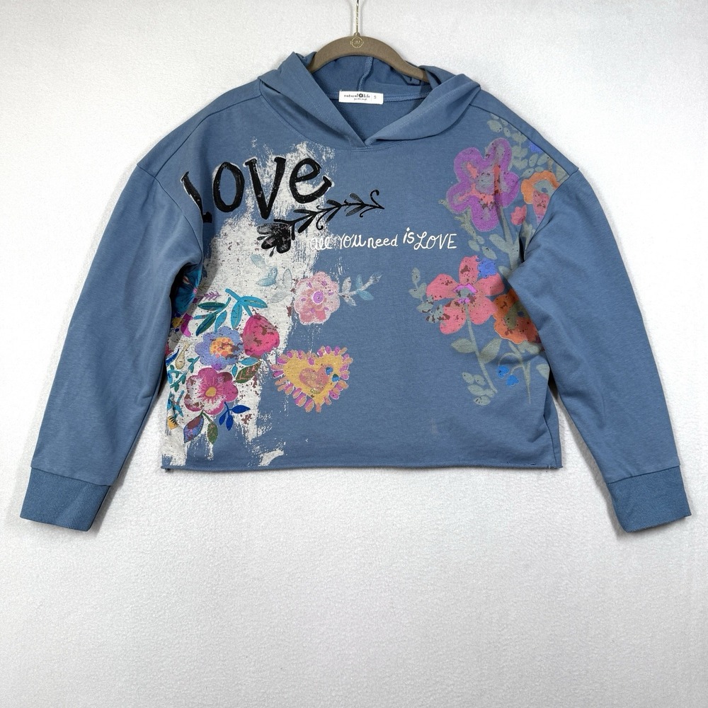 Natural Life Hoodie Womens Small Floral All You Need Is Love Pullover Boxy Crop